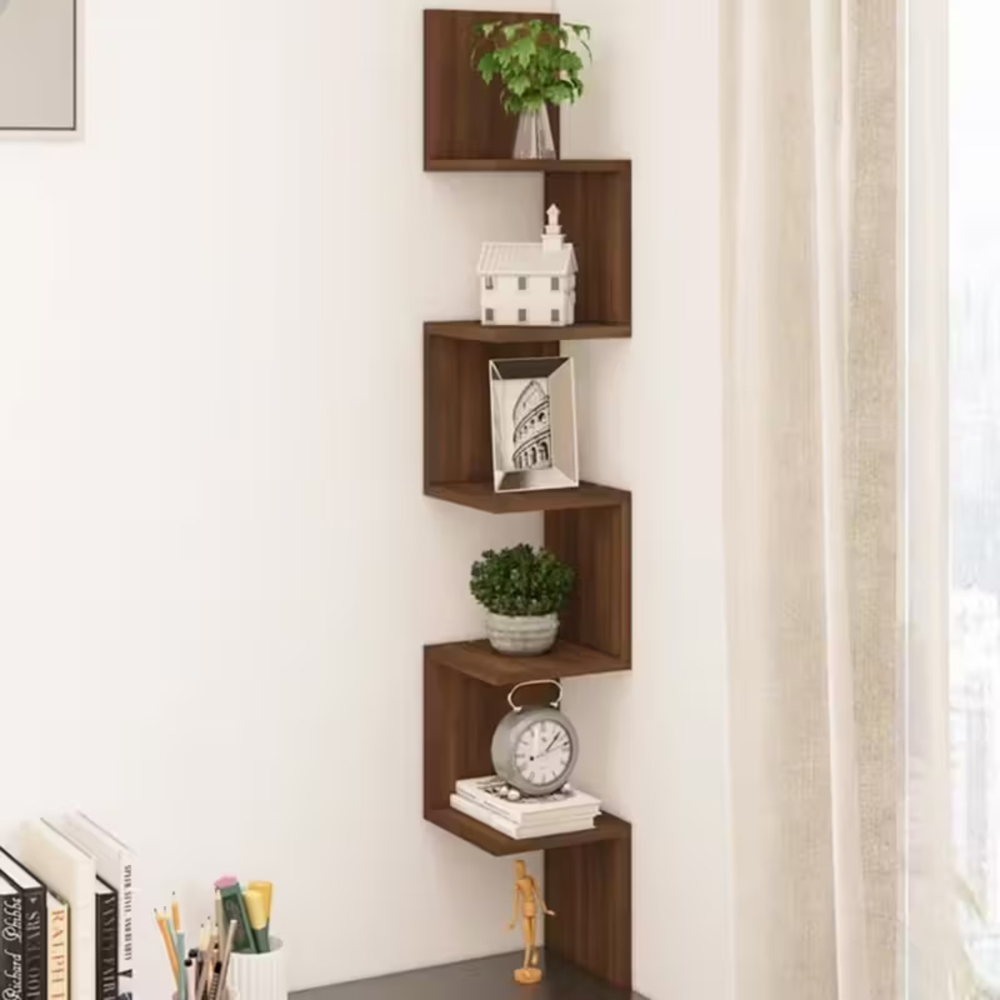 Alivio 5 Tier Brown Zigzag Wall Mount Floating Corner Shelf Image 3