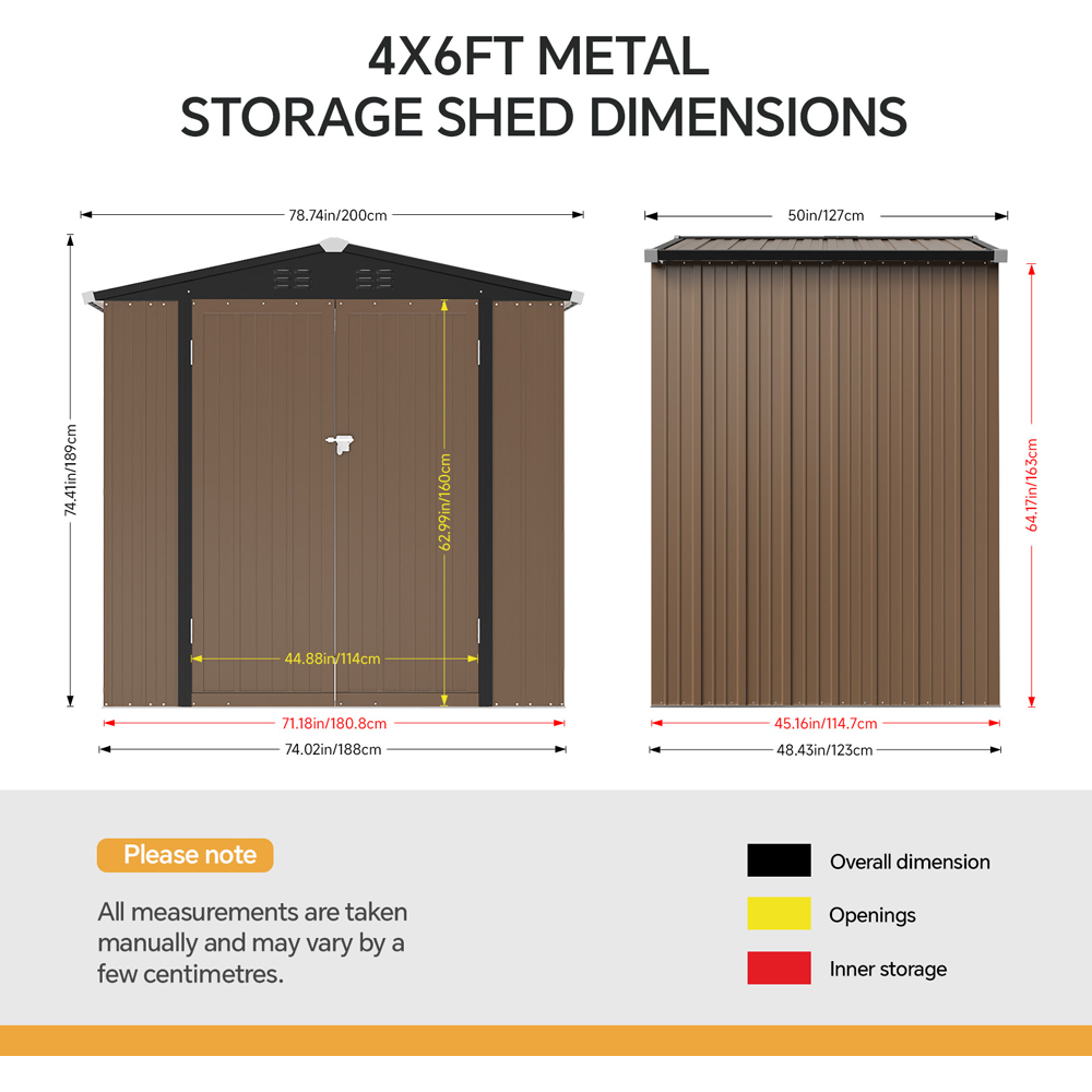 Living and Home 4 x 6ft Brown and Black Metal Apex Garden Tool Storage Shed with Lockable Doors Image 7