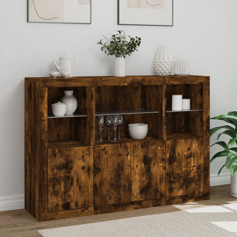 vidaXL 4 Door 6 Shelf Smoked Oak Wide Sideboard with LED Lights Image 4
