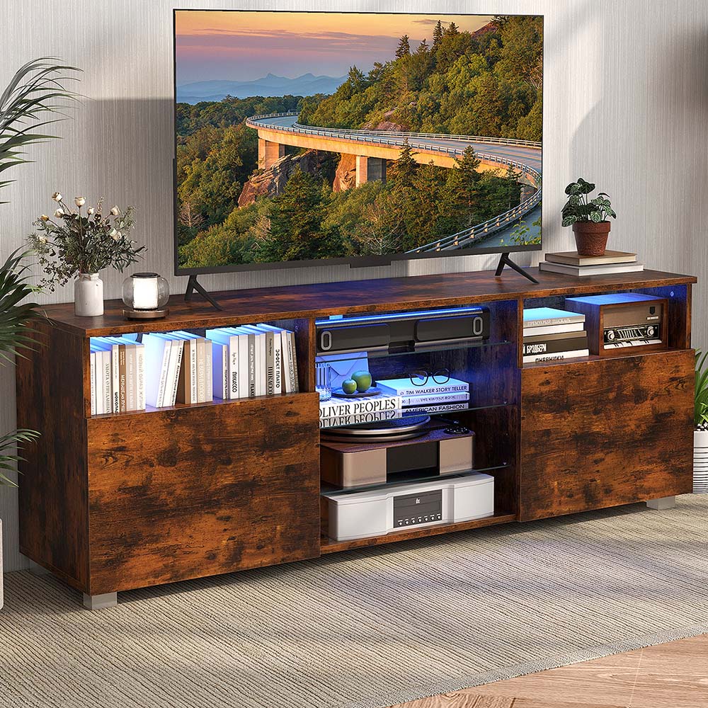 Costway 2 Door 6 Shelf Rustic Brown TV Unit with LED Image 1