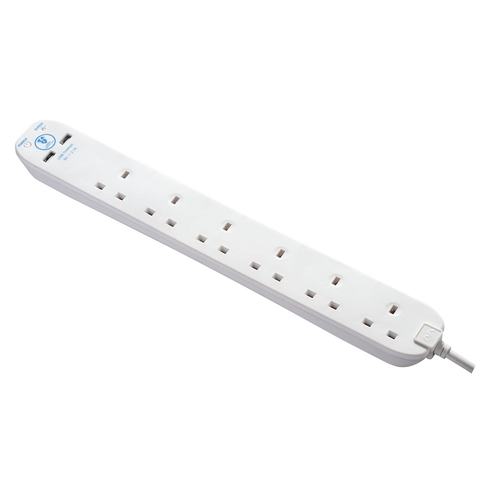 Wilko Extension Lead with USB 1m 6 Gang White Image 2
