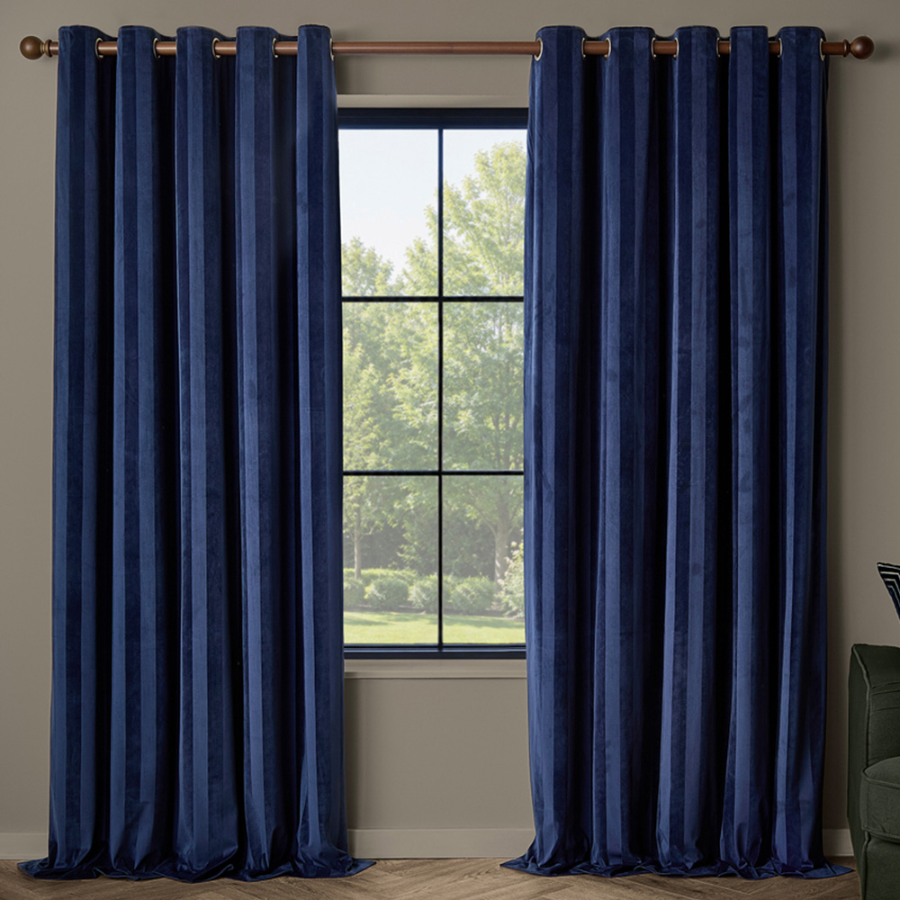Paoletti Regency Midnight Stripe Velvet Lined Eyelet Curtains 168 x 137cm Image 1