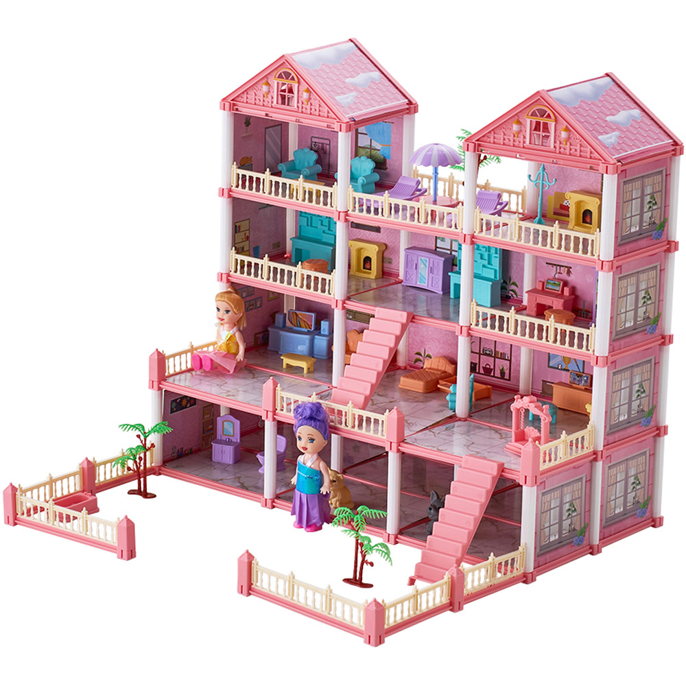 H&O Direct 267 Piece Kids Light Pink 4 Storey Dollhouse Playset with Furniture Image 1