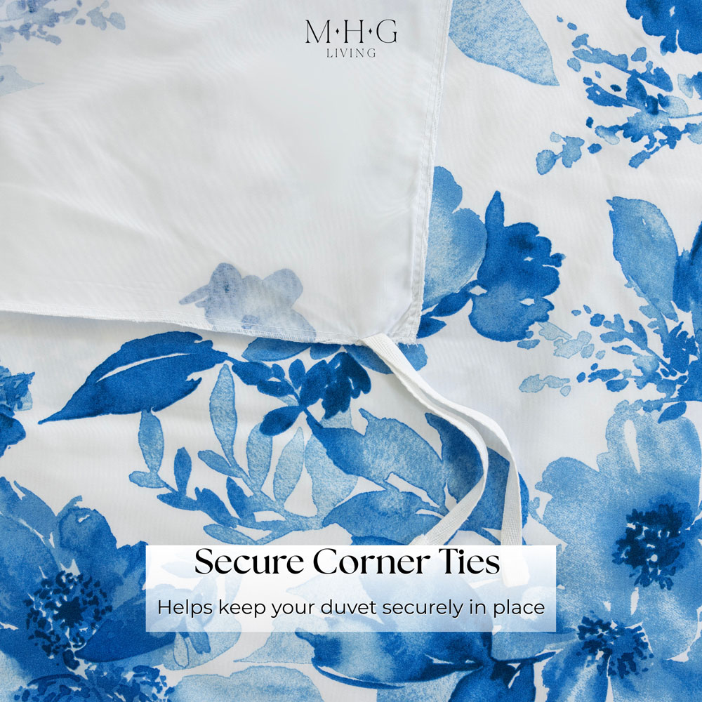 MHG Living Super King Size Blue Blossom Floral Bird Reversible Duvet Cover Set Image 6
