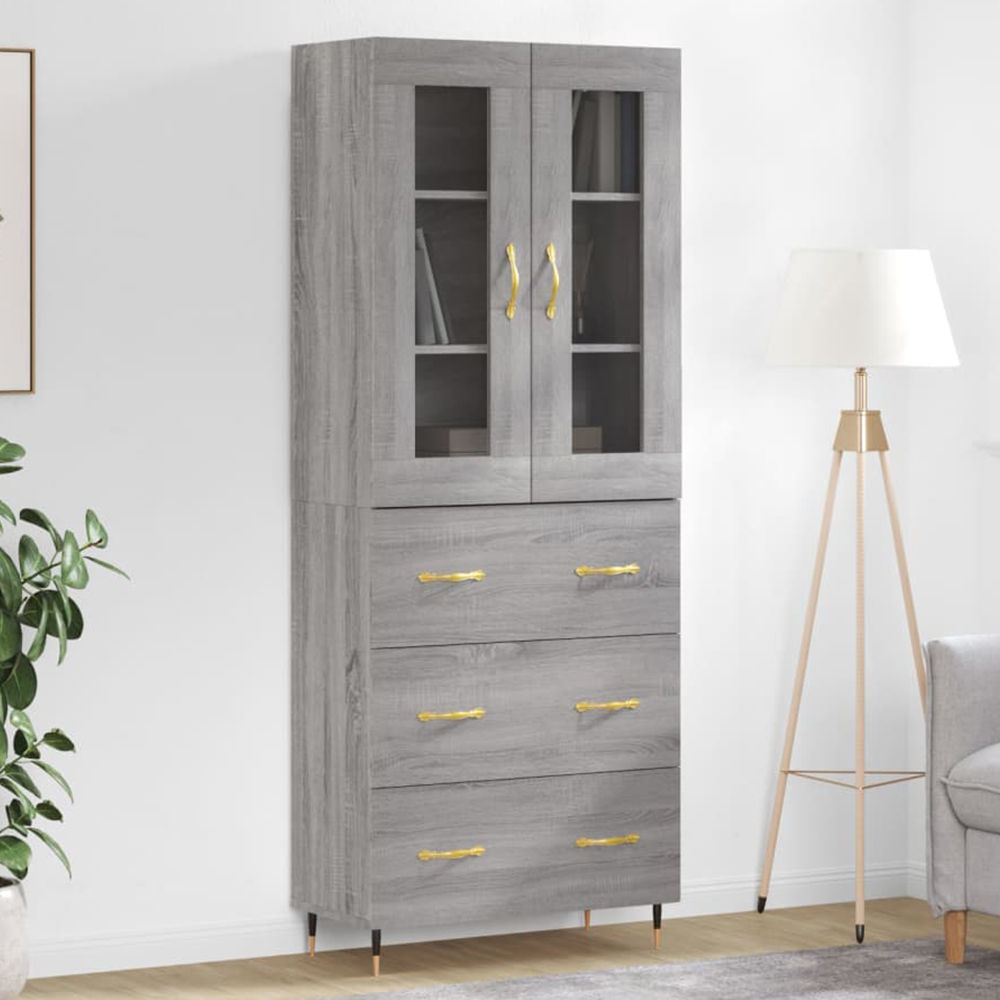vidaXL 2 Glass Door 3 Drawer Grey Sonoma Highboard Image 1