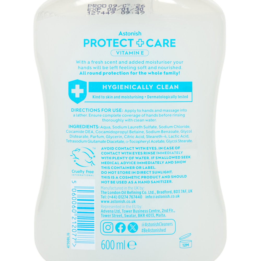 Astonish Protect and Care Antibacterial Vitamin E Moisturising Handwash 650ml Image 3