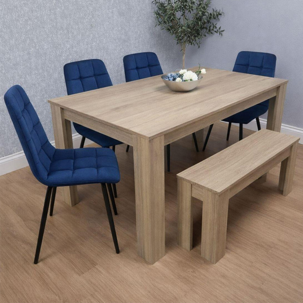 Kosy Koala 6 Seater Velvet Dining Bench Set Oak Effect and Blue Image 1