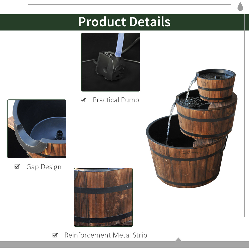 Outsunny 3 Tier Wooden Barrel Cascading Water Feature Image 5