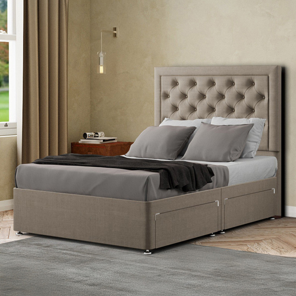 Portland Castle King Size Beige Linen Divan Bed with 2 Drawers and Headboard Image 1