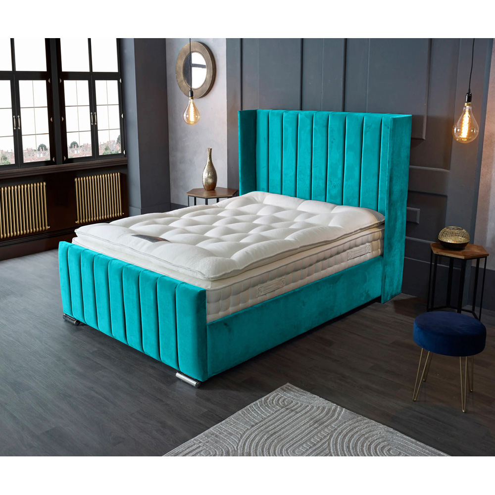 Eleganza Home Meriso Super King Size Teal Plush Velvet Bed Frame with Winged Headboard Image 3