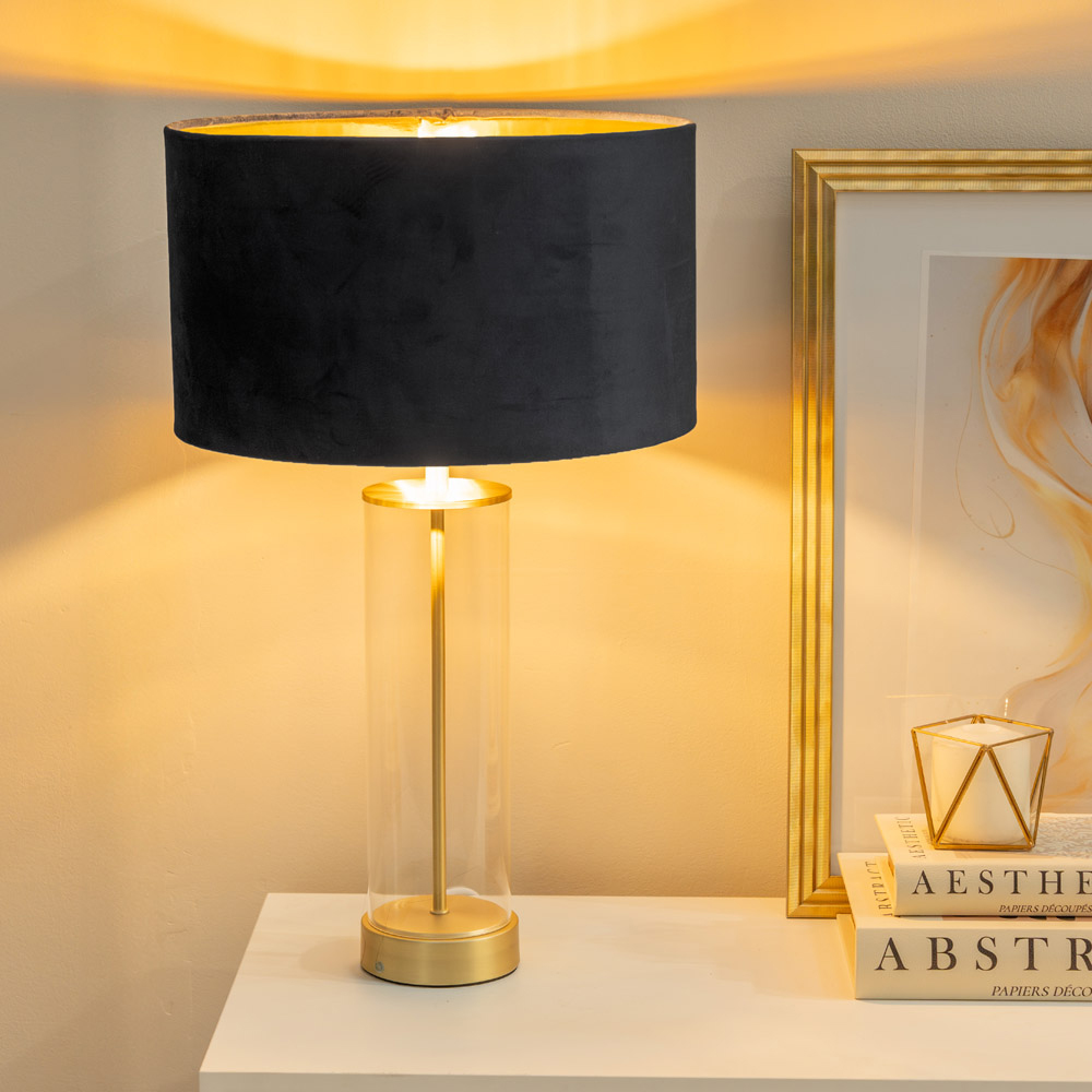 ValueLights Balan Gold Glass LED Table Lamp with Black and Gold Velvet Lamp Shade Image 3