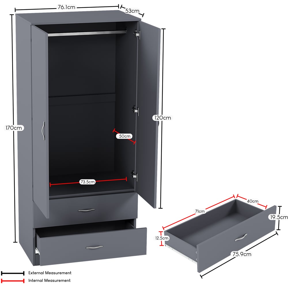 Vida Designs Riano 2 Door 2 Drawer Grey Wardrobe Image 9