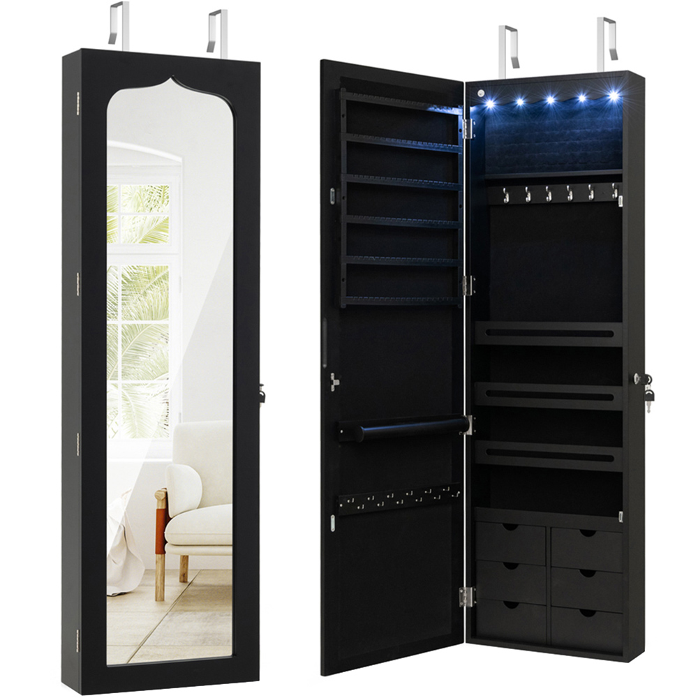 Costway Black Mirror Wall Mounted Jewellery Armoire with LED Lights Image 1