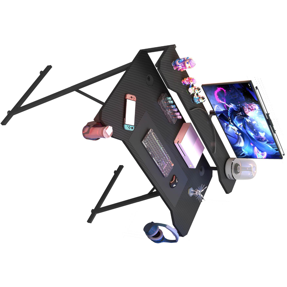 House of Home Carbon Fibre Top Computer Gaming Desk with Monitor Stand Black Image 2