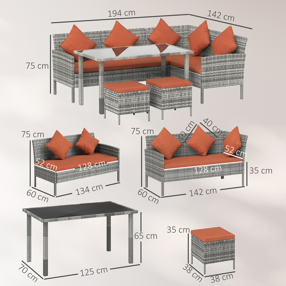 Outsunny 6 Seater Orange PE Rattan Corner Garden Dining Sofa Set Image 9