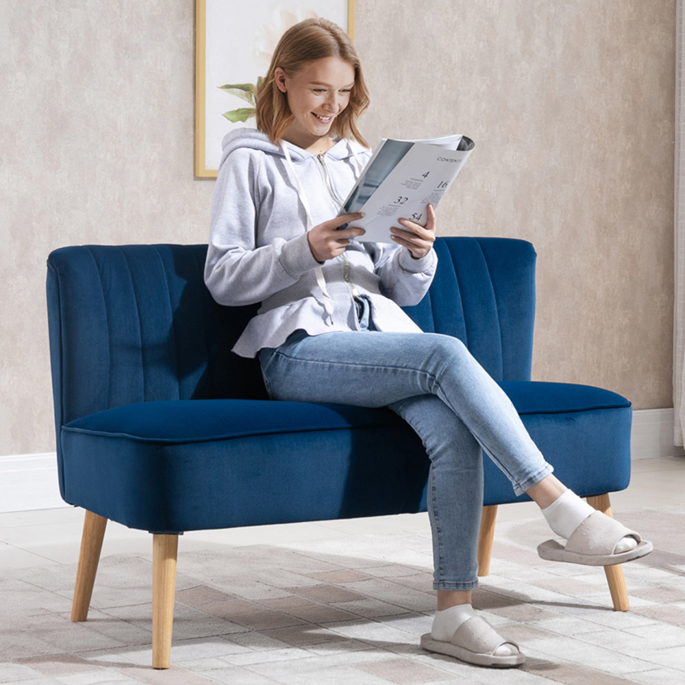 Portland 2 Seater Dark Blue Velvet Feel Foam Padded High Back Sofa | Wilko