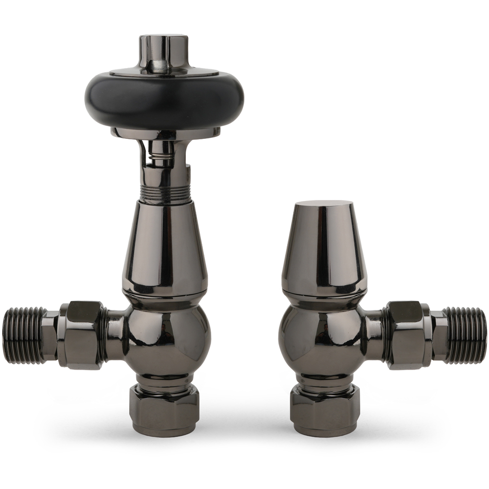 Go Bathrooms Ria Black Nickel Wooden Head Angled Radiator Valves Set 15mm Image 2