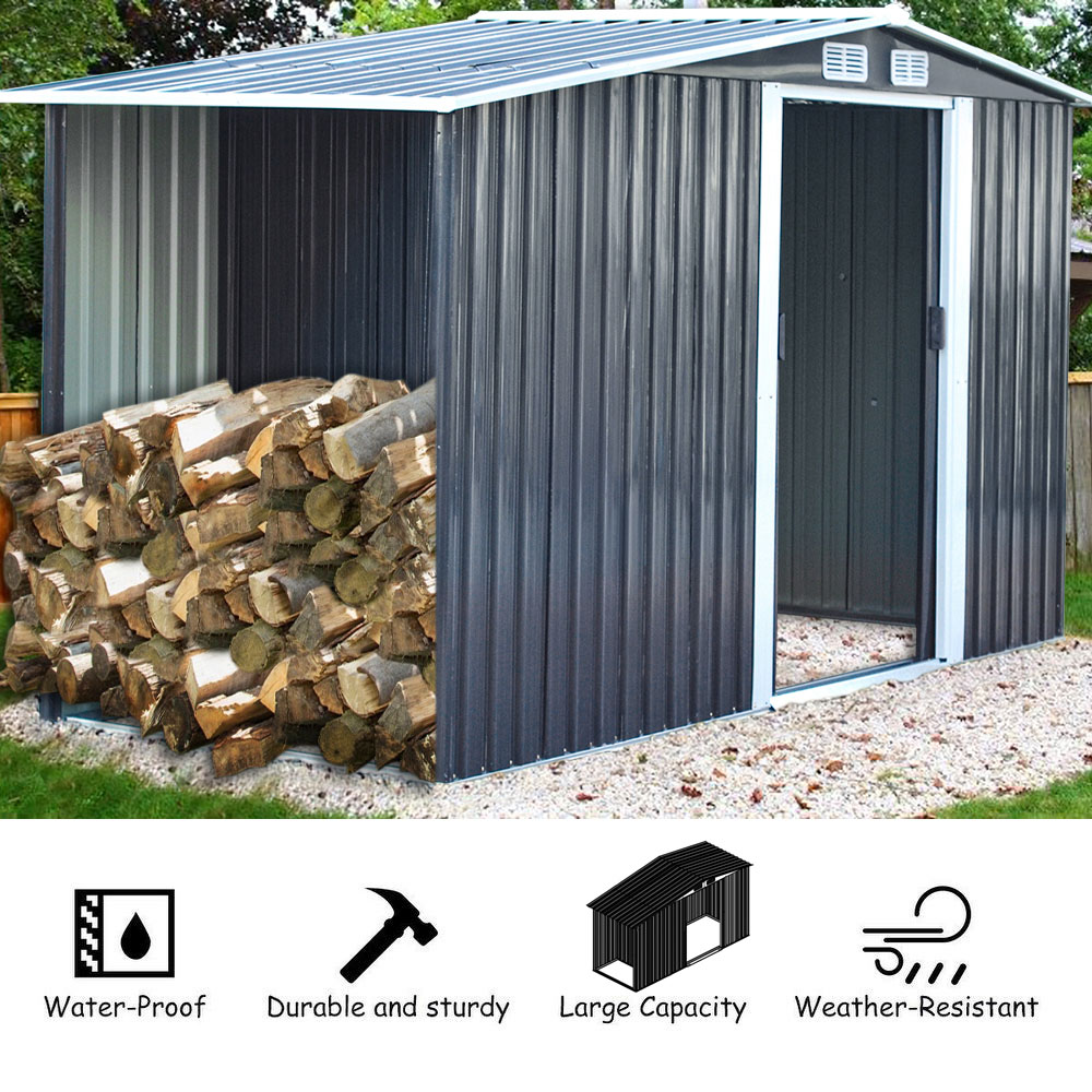 Living and Home 4 x 8ft Anthracite Metal Apex Garden Storage Shed with Log Storage Image 7