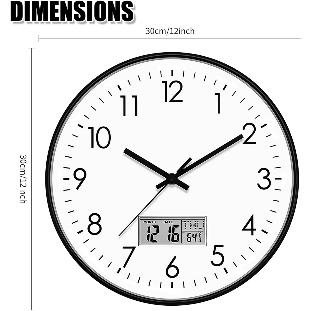 ATEK Black Silent Digital Wall Clock with Date Day and Temperature Display 30cm Image 8