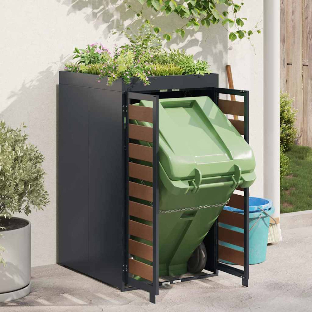 vidaXL Anthracite and Brown Wheelie Bin Storage Shed with Planter Roof Image 2