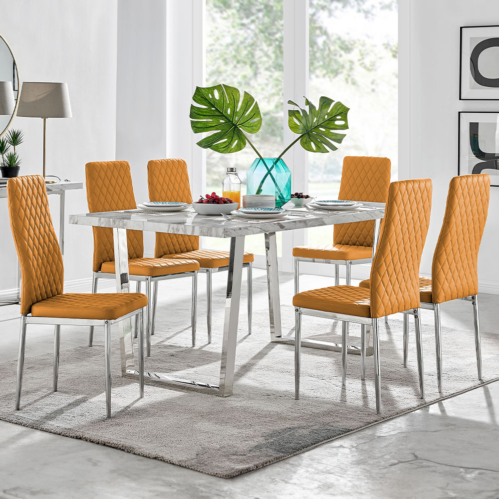 Furniturebox Solo Valera 6 Seater Dining Set Marble Effect and Mustard Image 1