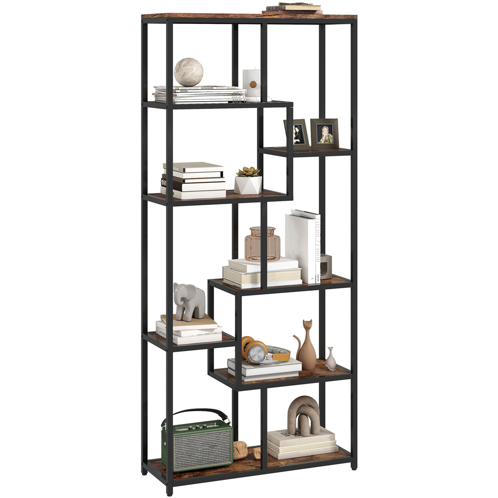 Portland 7 Shelf Rustic Brown and Black Industrial Bookcase Image 2