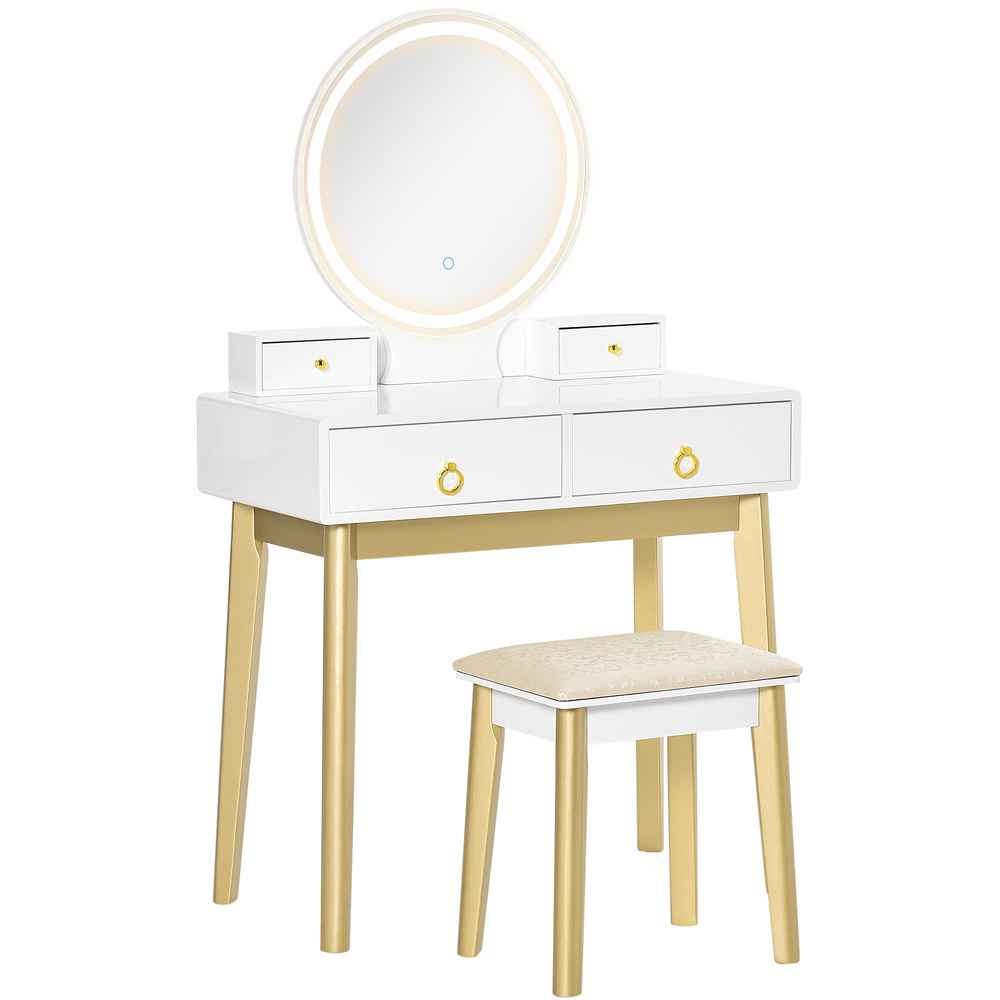 HOMCOM 4 Drawer White LED Mirror Dressing Table Set with Stool Image 2