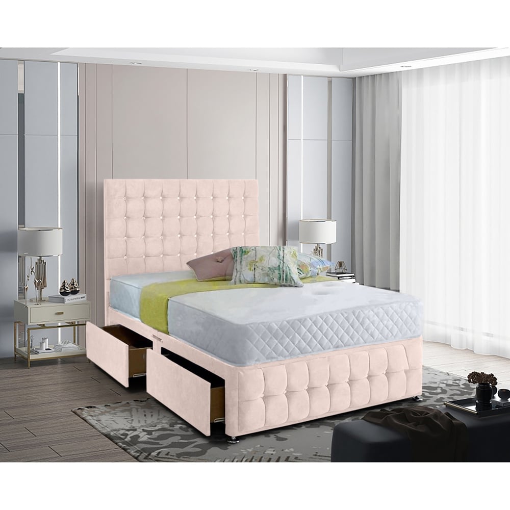 Eleganza Home Cloudrest Double Blush Plush Velvet 2 Drawer Divan Bed with Headboard Image 2