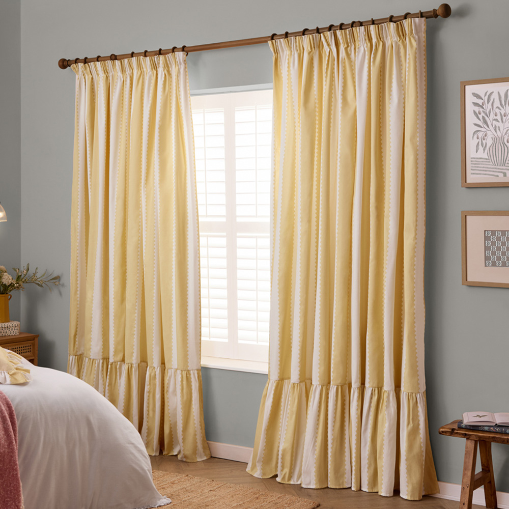 Furn Birdie Butter Yellow Stripe Cotton Fully Lined Pencil Pleat Curtains 117 x 137cm Image 1