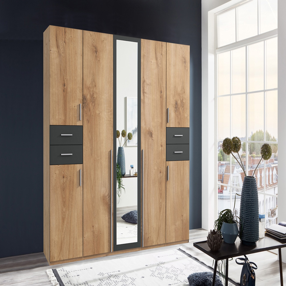 TJ'S New York 7 Door 4 Drawer Oak and Grey Wardrobe with Mirror Image 5