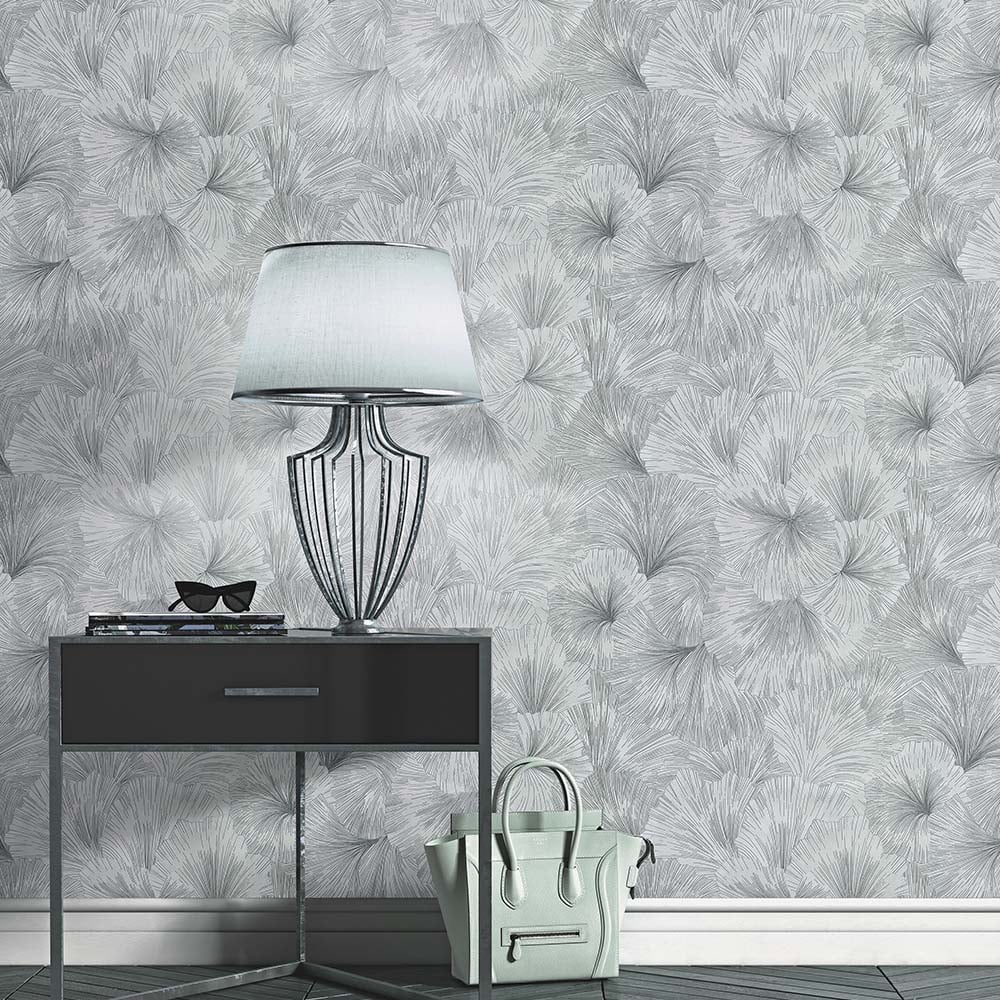 Erismann Stunning Ginkgo Flower Grey and Silver Vinyl Wallpaper Image 3