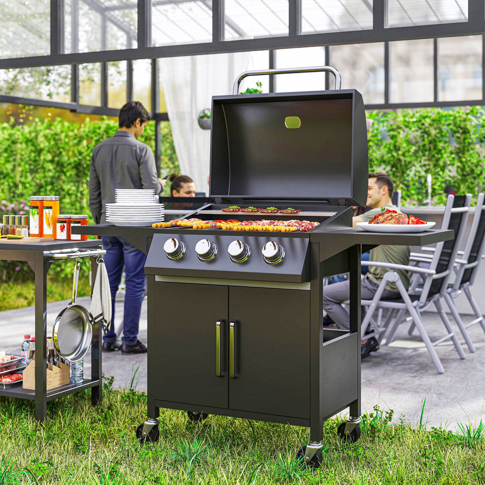 Outsunny Black 4 Burner Gas BBQ Grill with Side Shelves Image 2