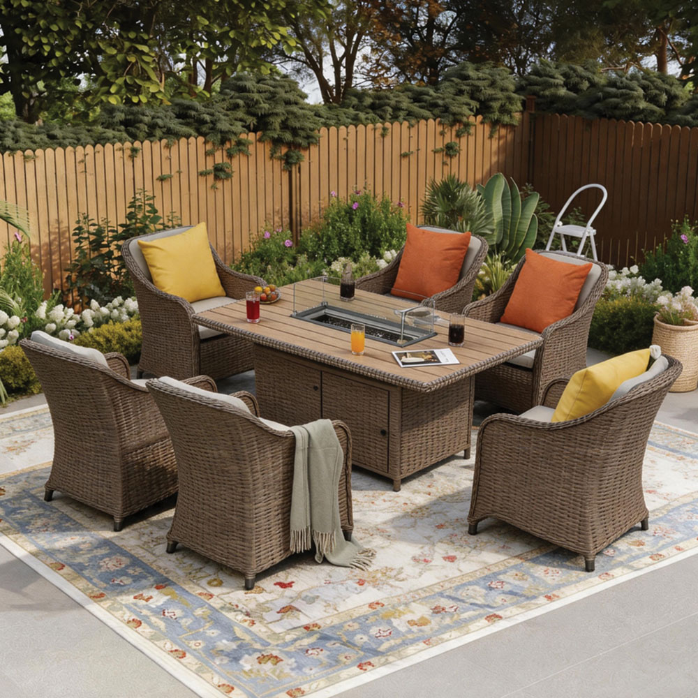 Furniture One 6 Seater Rattan Rectangular Fire Pit Table Image 1