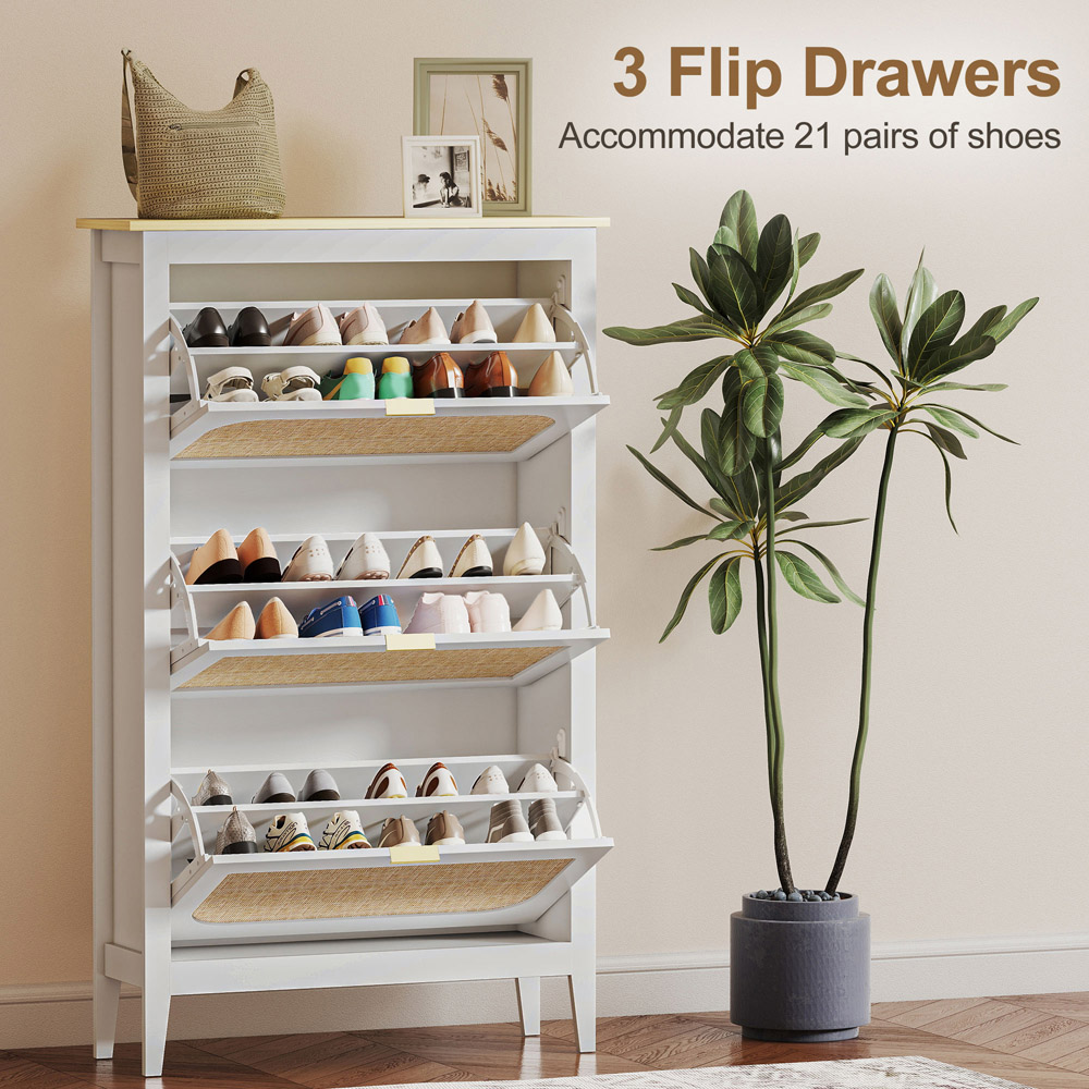 HOMCOM Boho 21 Pair White Rattan Slim Shoe Cabinet Image 6