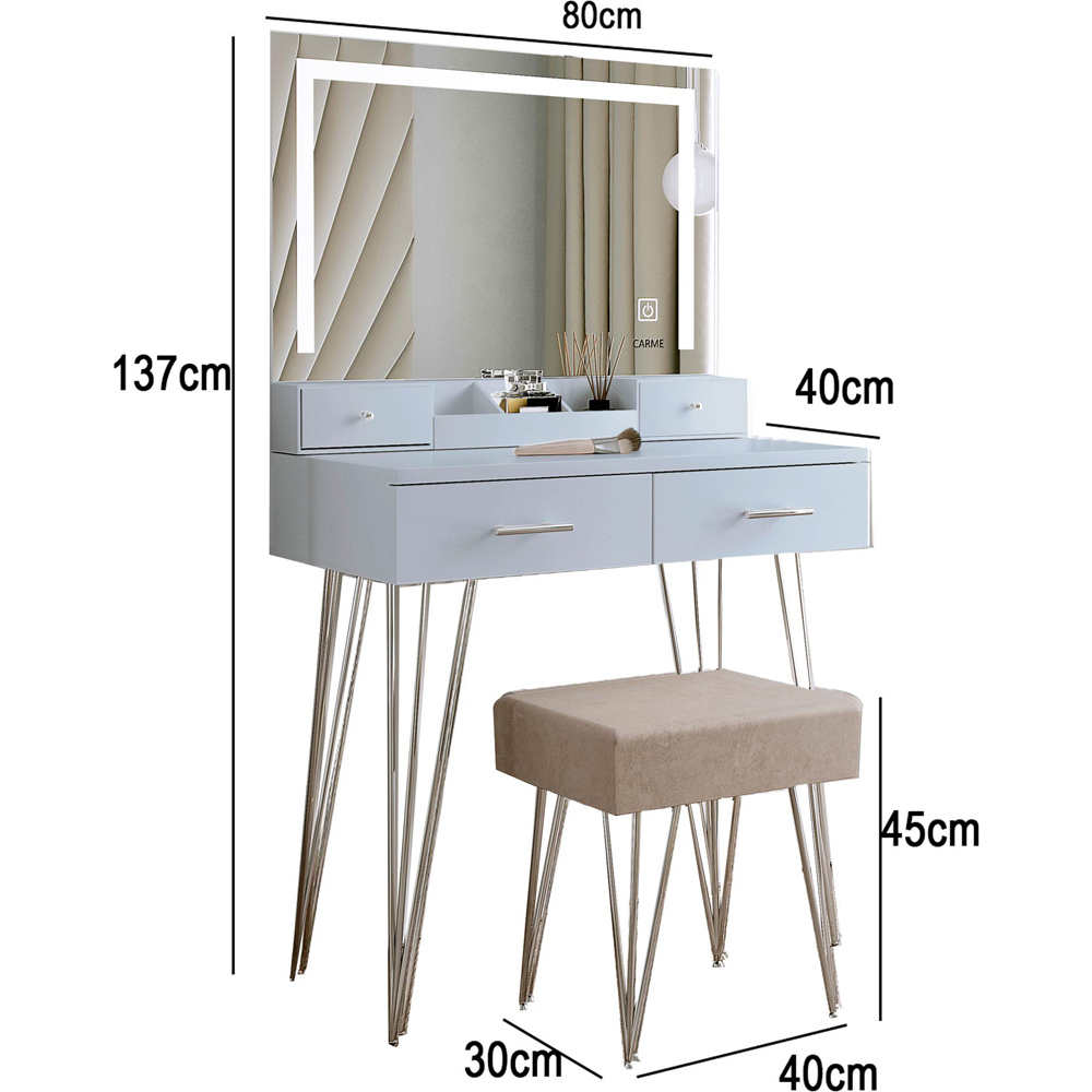 CARME Home Sophia 4 Drawer Grey Dressing Table Set with LED Mirror Image 7