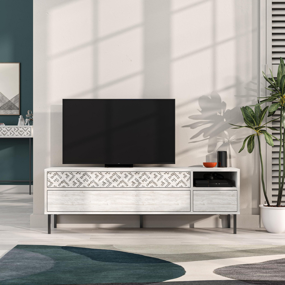Decortie Heaton 3 Drawer Single Shelf Ancient White TV Stand Image 6