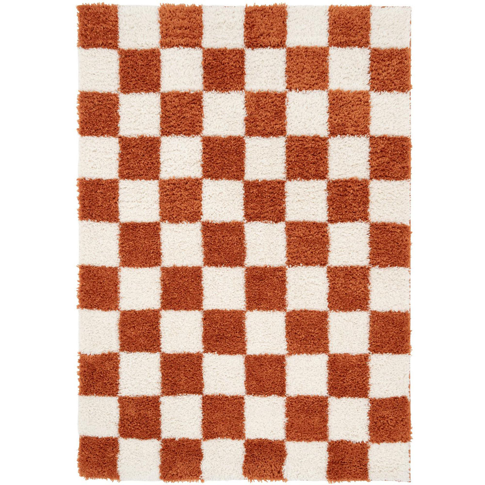 Kukoon Checkers Gigi Rust Terracotta and Cream Checkerboard Soft Shaggy Rug 160 x 230cm Image 2