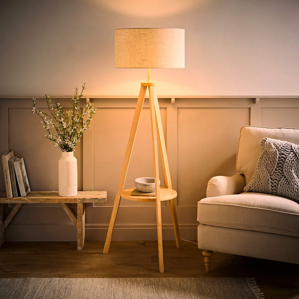 ValueLights Morrigan Light Wood Tripod Floor Lamp with Linen Fabric Shade and Bulb Image 2