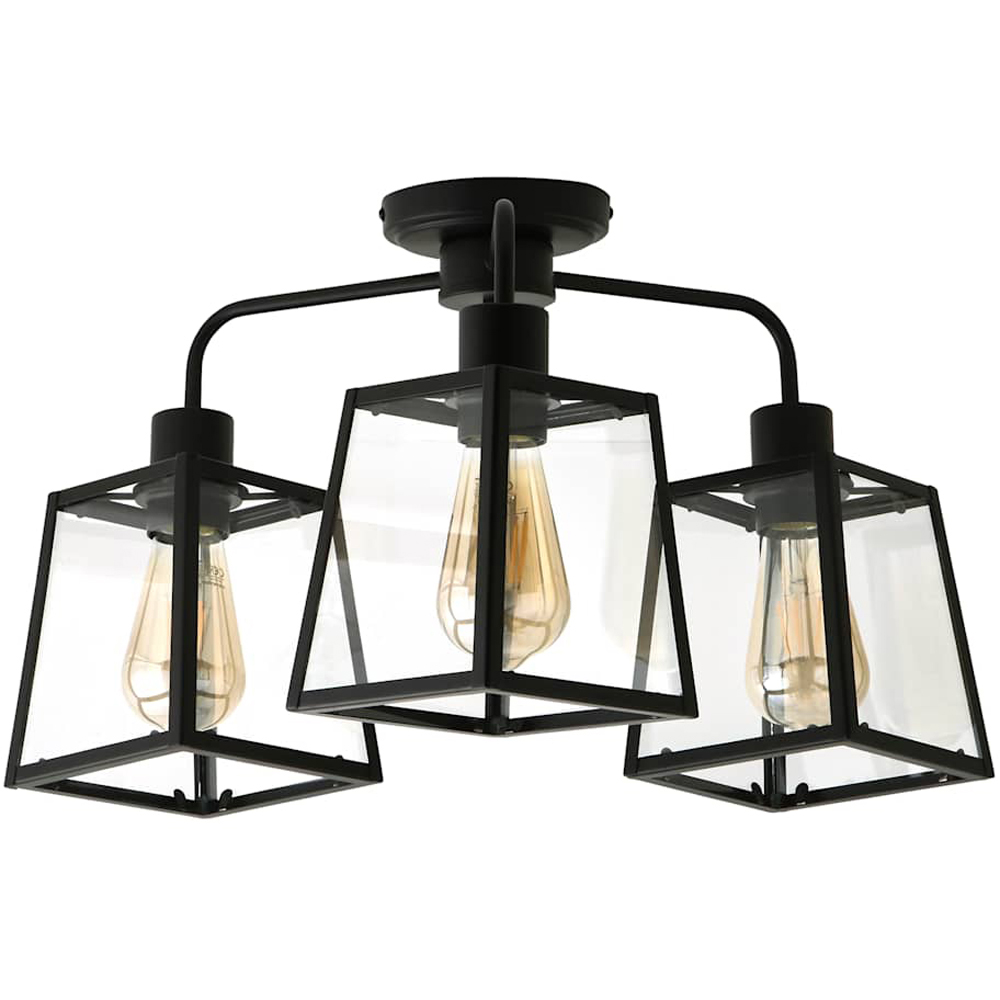 ValueLights Susie 3 Arm Lantern Shade Matt Black Glass Ceiling Light with Bulb Image 1