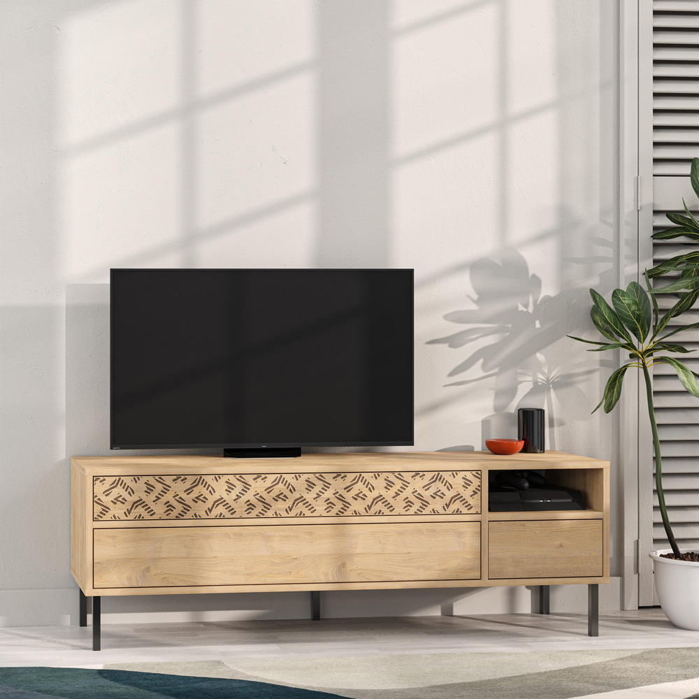 Decortie Heaton 3 Drawer Single Shelf Sapphire Oak TV Stand Image 3