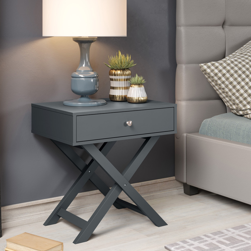 Leighton Single Drawer Midnight Blue X leg Bedside Table Image 5