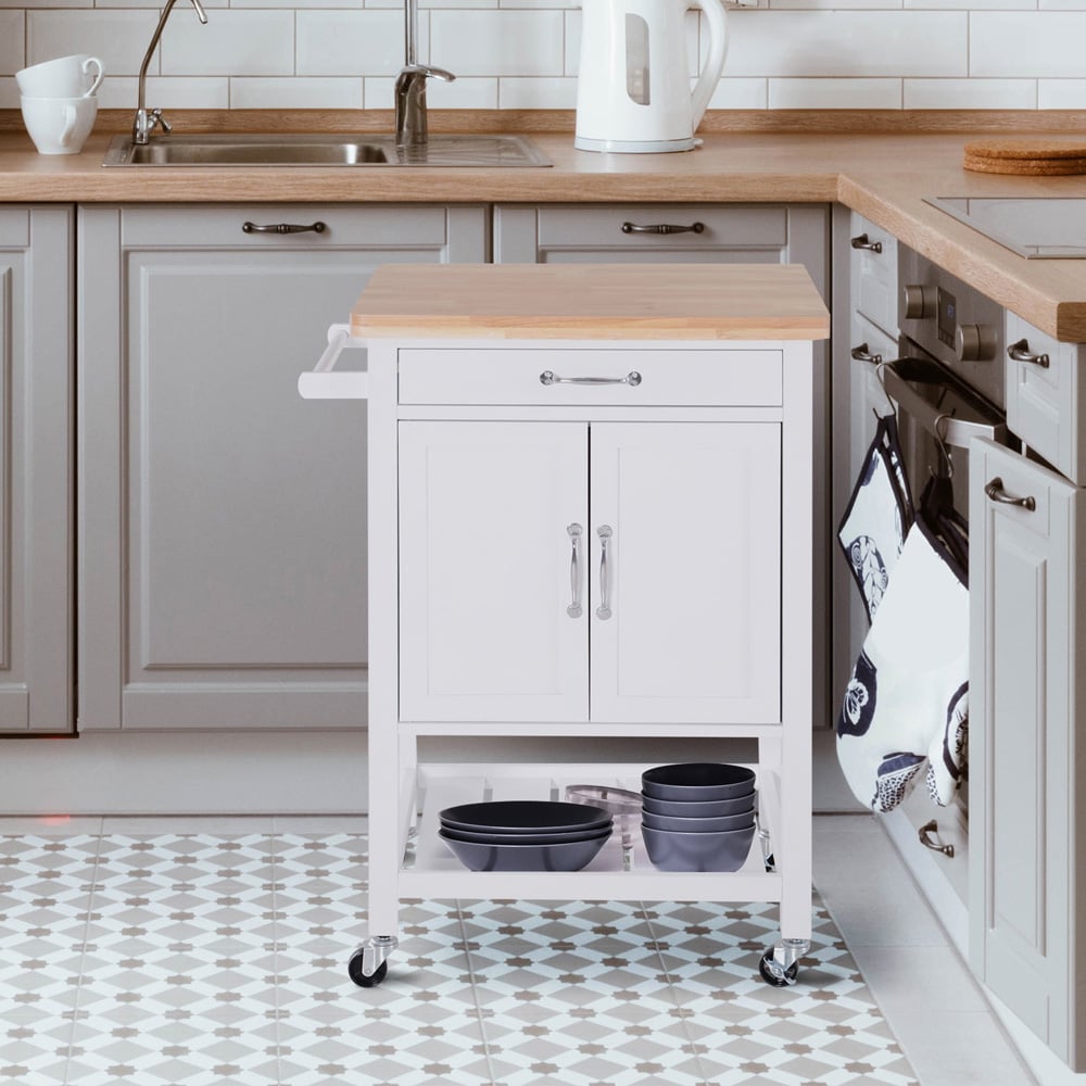 HOMCOM Single Drawer 2 Door White and Oak Kitchen Cart Image 5