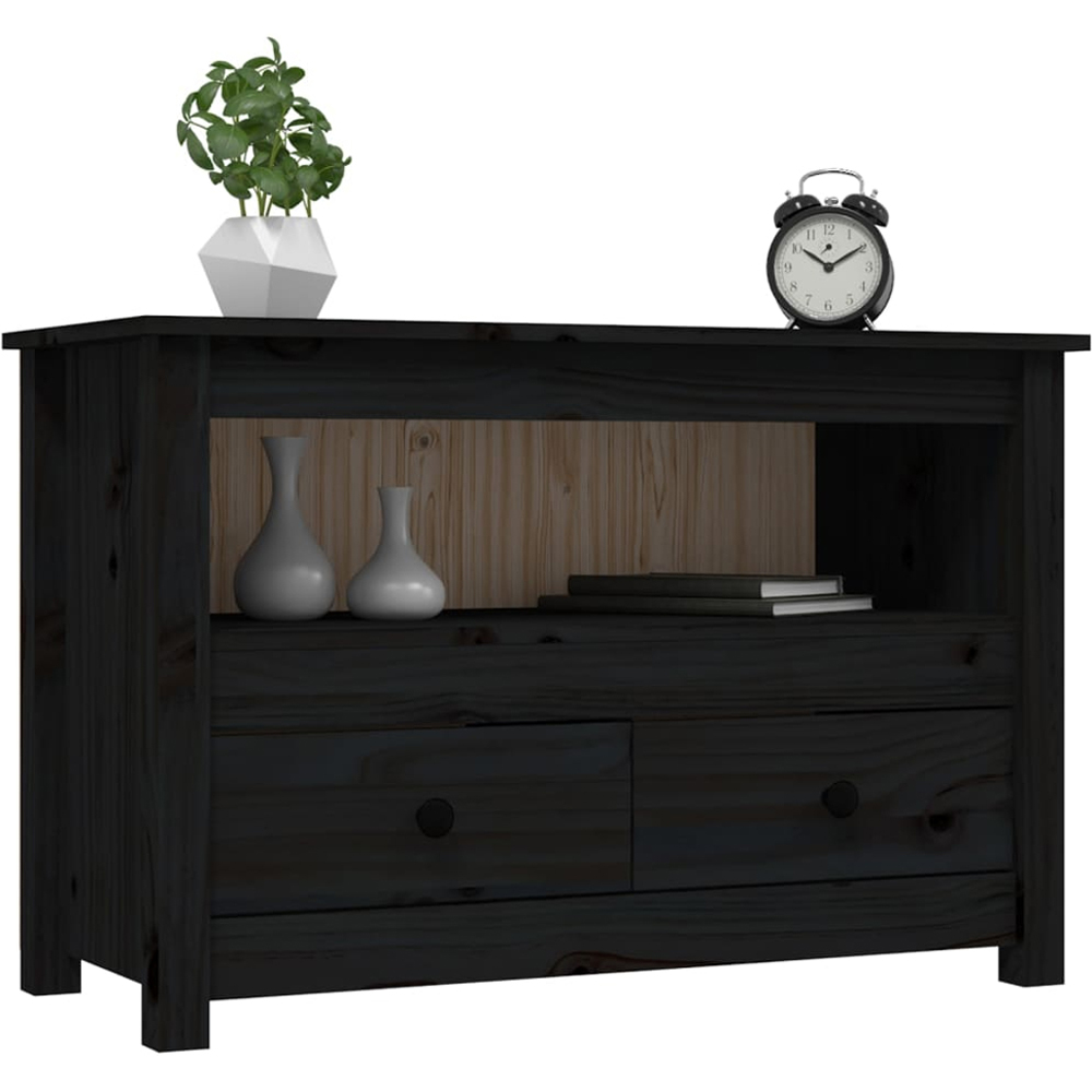 vidaXL 2 Drawer Single Shelf Black Solid Pine Wood TV Cabinet Image 3