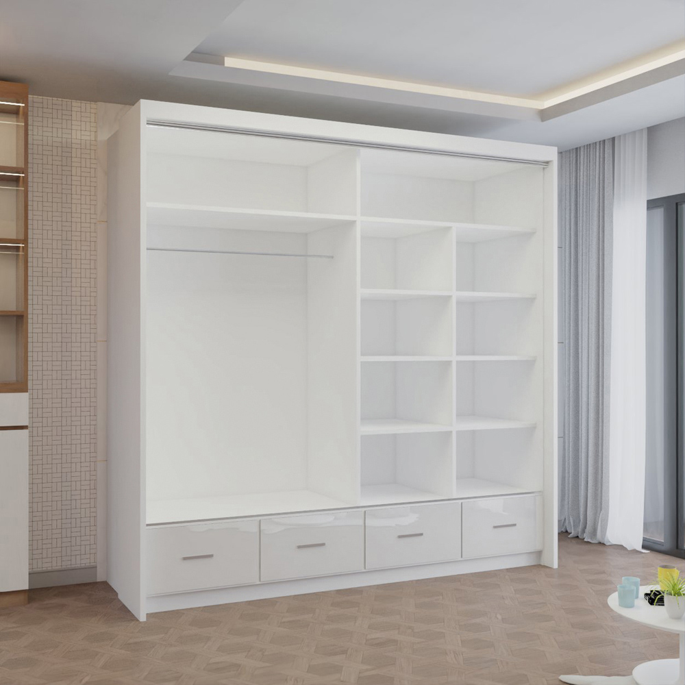 M N Furniture Seliyaa 2 Door 4 Drawer White High Gloss Sliding Door Wardrobe 203cm Image 4