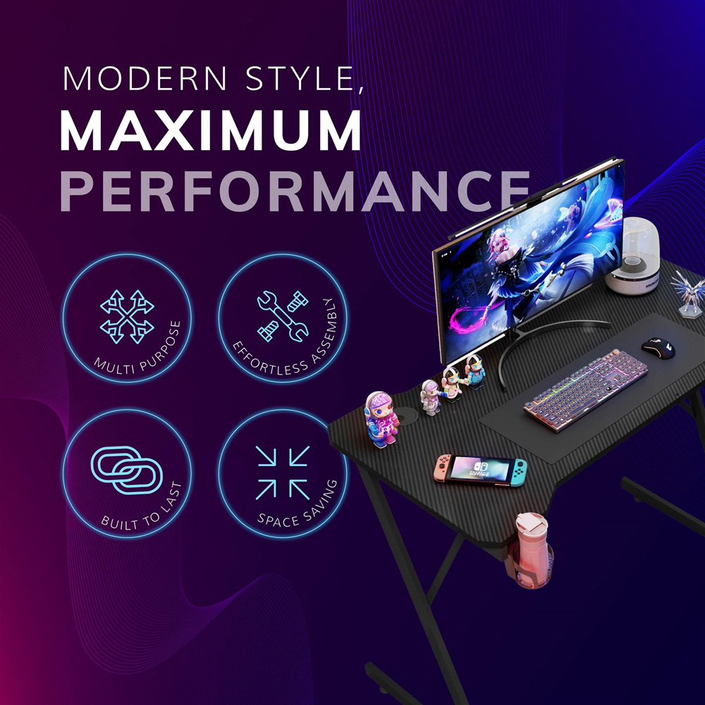 House of Home Carbon Fibre Top Computer Gaming Desk Black Image 7