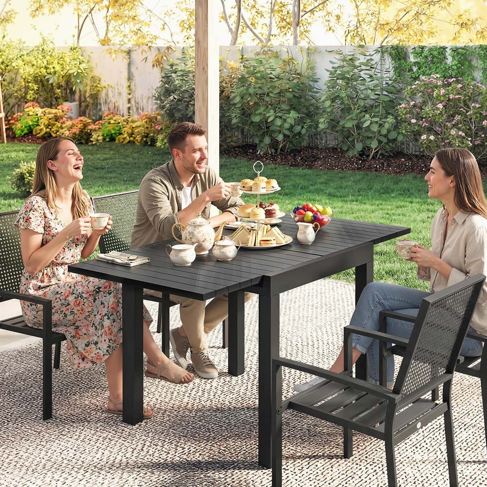 Outsunny 6 Seater 80-160cm Slatted Top Aluminium Extendable Garden Dining Table Black Image 2