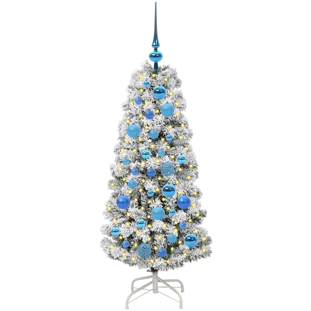 vidaXL Pre-Lit Warm White LED and Blue Baubles Snow Flocked Artificial Christmas Tree 4ft Image 1