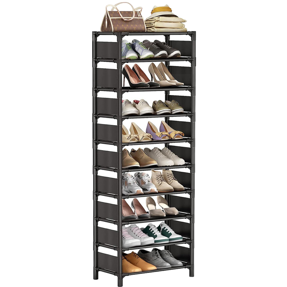 H&O Direct 9 Shelf Black Steel and Fabric Shoe Rack with Protective Barriers Image 3
