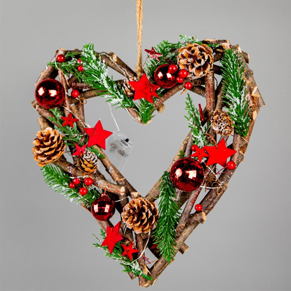 Shatchi Warm White LED Twig Hanging Heart Shape Wreath Red 30cm Image 2