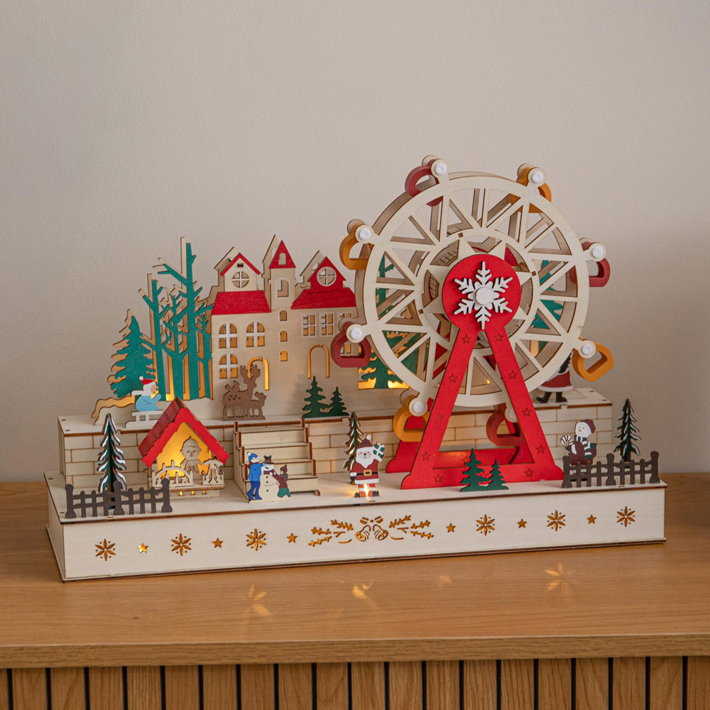 Samuel Alexander 8 Warm White LED Wooden Village Scene with Ferris Wheel Christmas Decoration 45cm Image 2